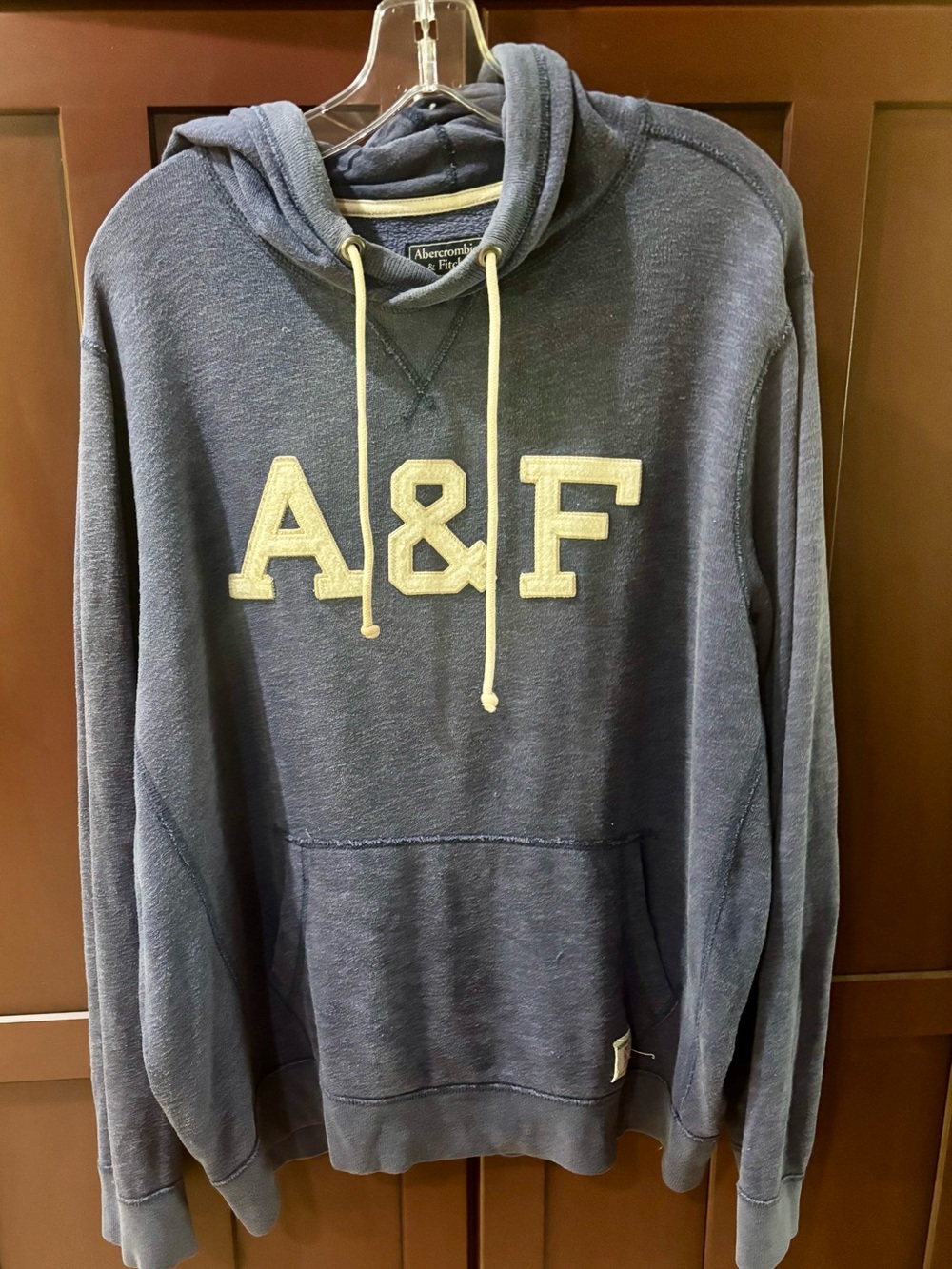Abercrombie & Fitch Vintage Dark Blue Hoodie with Cream A&F Spell Out Logo